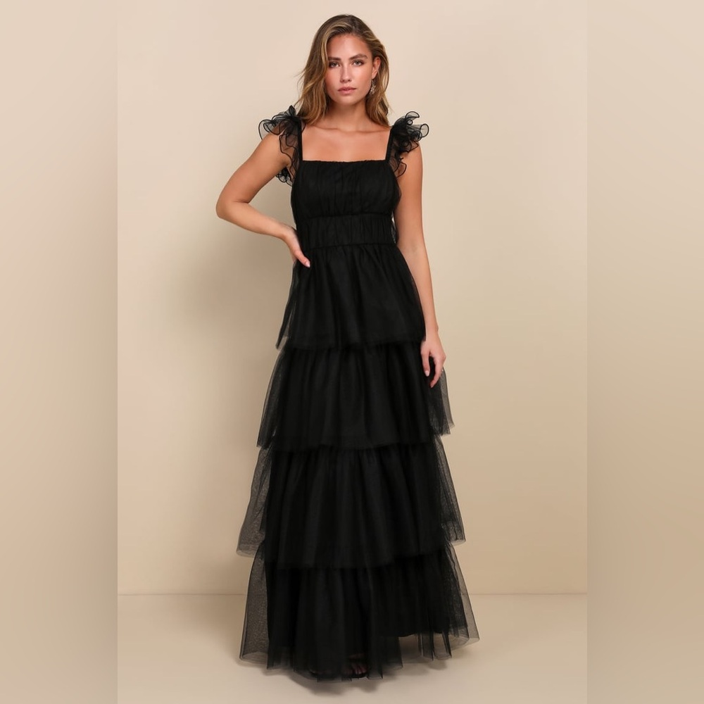 Lulus Tulle For Love Black Mesh Tulle Tiered Ruffled Ballgown Dress XXL 16 18